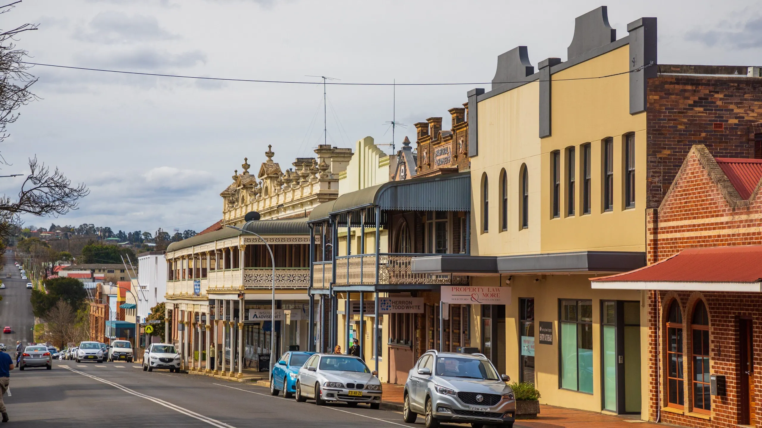 Historic shopfronts and verandahs along Armidale's main street